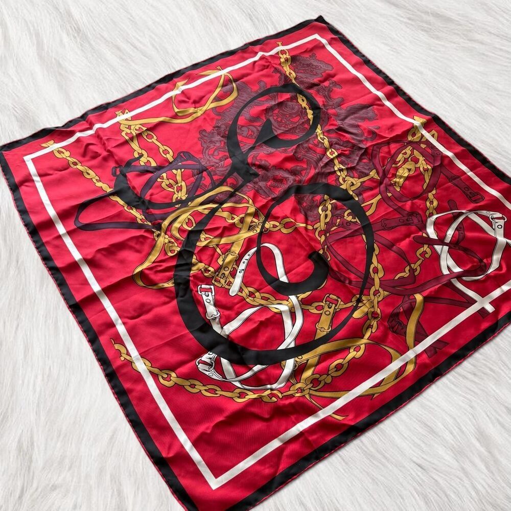 Vintage Silk “E” scarf with gold chain accents | Royal Red silk scarf est 1980